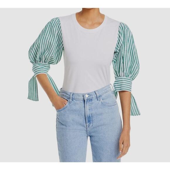 Cinq A Sept Shirt XS White Green Puff Sleeve Tie Stripe Charlie Crewneck Tee Top - Picture 2 of 8